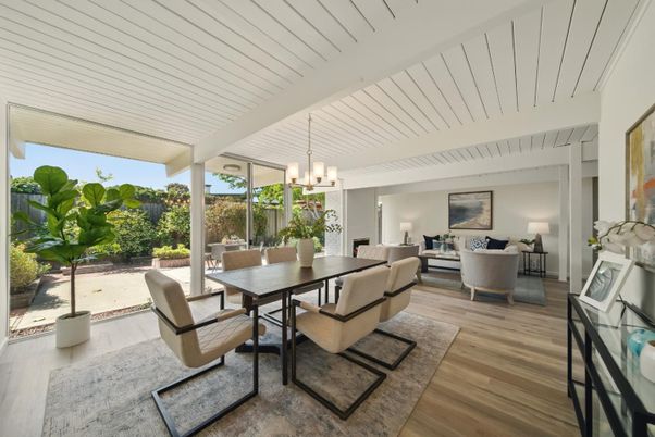 Dining room, Interior, Living room, Pendant Lights, Wood Texture Flooring