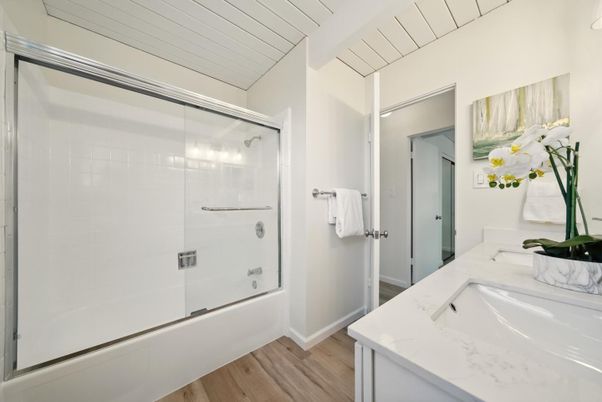 Bathroom, Glass Shower, Interior, Wood Texture Flooring