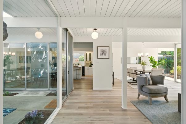 Dining room, Interior, Pendant Lights, Wood Texture Flooring