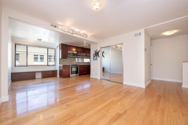 Empty room, Interior, Kitchen, Stainless Steel Appliances, Wood Texture Flooring