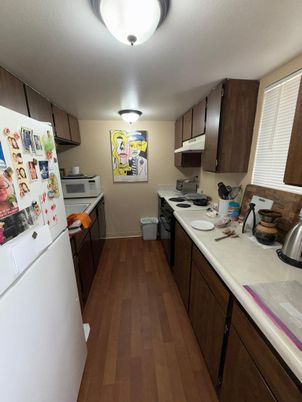 Interior, Kitchen, Tile Countertops, Wood Texture Flooring