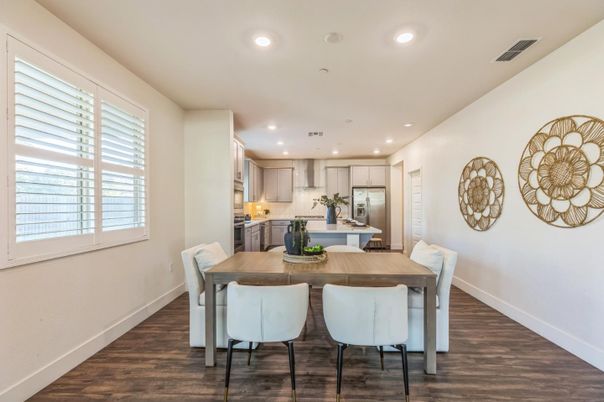 Dining room, Interior, Kitchen, Recessed Lighting, Stainless Steel Appliances, Wood Texture Flooring