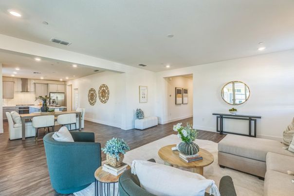 Dining room, Interior, Kitchen, Living room, Recessed Lighting, Wood Texture Flooring