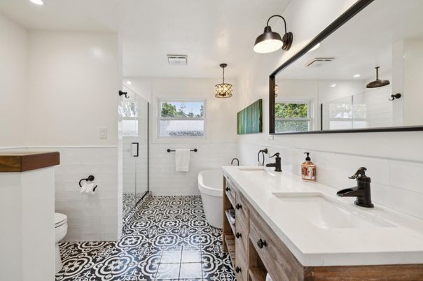 Bathroom, Dual Sink Vanities, Glass Shower, Interior, Pendant Lights, Recessed Lighting