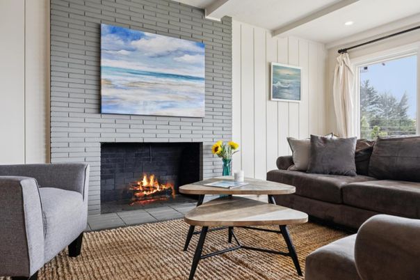 Fireplace, Interior, Living room, Recessed Lighting, Stone Walls