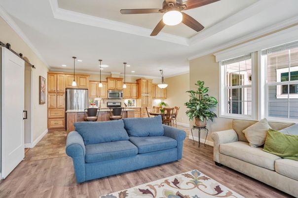 Dining room, Interior, Kitchen, Living room, Pendant Lights, Recessed Lighting, Stainless Steel Appliances, Wood Texture Flooring