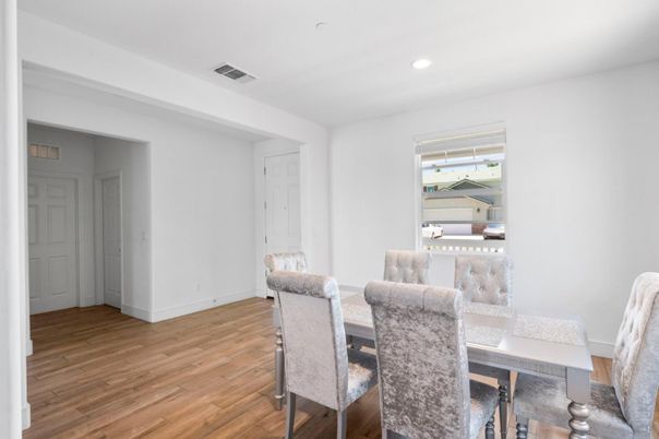 Dining room, Interior, Recessed Lighting, Wood Texture Flooring