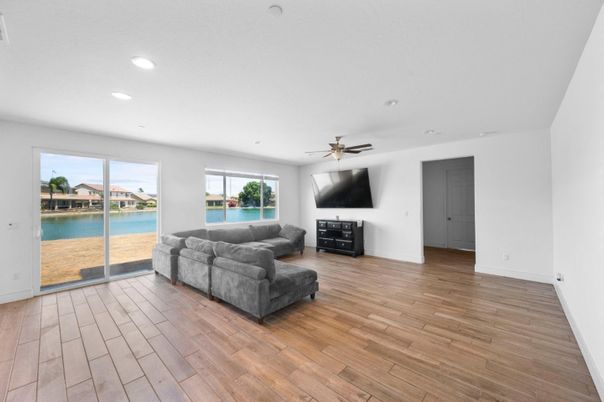 Interior, Living room, Recessed Lighting, Water, Wood Texture Flooring