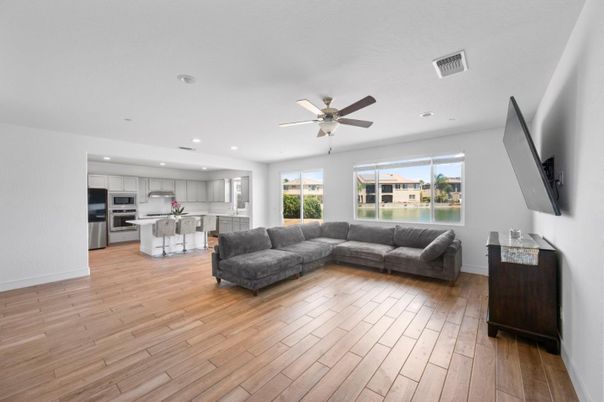 Interior, Kitchen, Living room, Recessed Lighting, Stainless Steel Appliances, Wood Texture Flooring