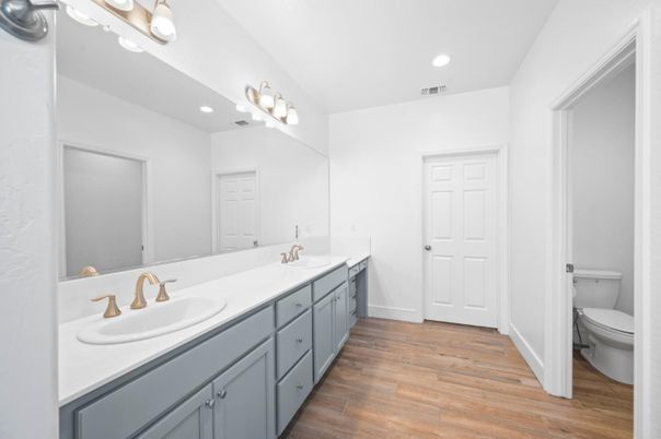 Bathroom, Dual Sink Vanities, Interior, Recessed Lighting, Wood Texture Flooring