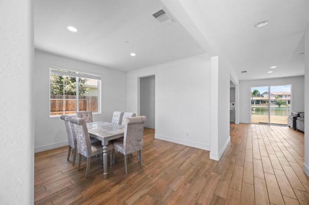 Dining room, Interior, Recessed Lighting, Wood Texture Flooring