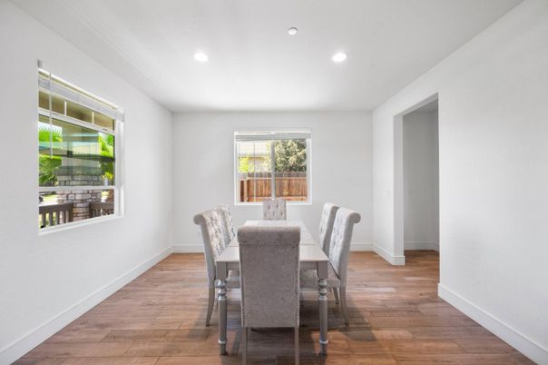 Dining room, Interior, Recessed Lighting, Wood Texture Flooring