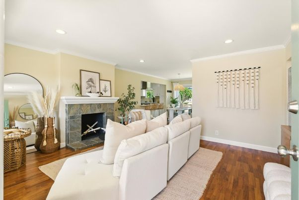 Dining room, Fireplace, Interior, Living room, Recessed Lighting, Wood Texture Flooring