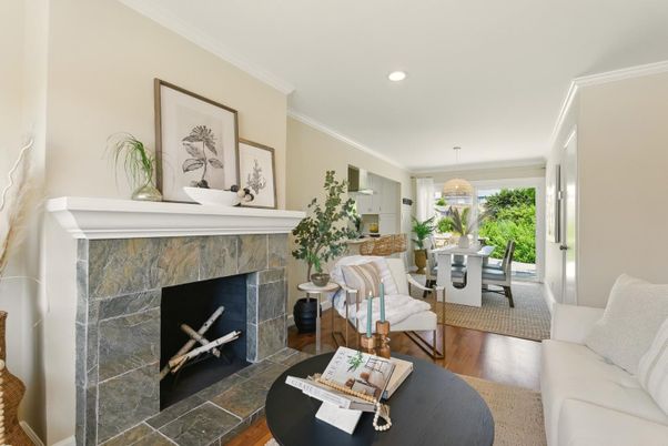 Dining room, Fireplace, Interior, Living room, Pendant Lights, Recessed Lighting, Wood Texture Flooring