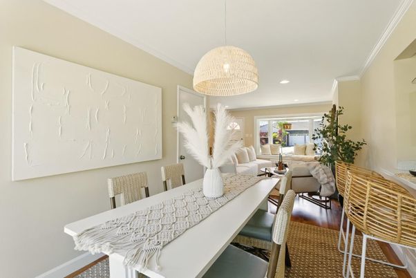 Dining room, Interior, Living room, Pendant Lights, Recessed Lighting, Wood Texture Flooring