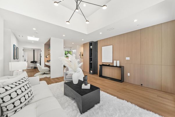 Interior, Living room, Pendant Lights, Recessed Lighting, Wood Texture Flooring, Wooden Walls