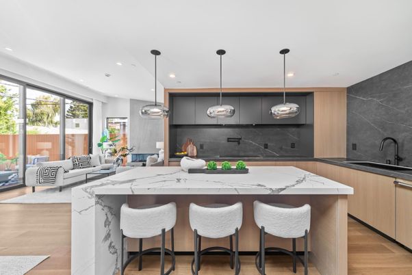 Interior, Kitchen, Marble Walls, Pendant Lights, Recessed Lighting, Wood Texture Flooring