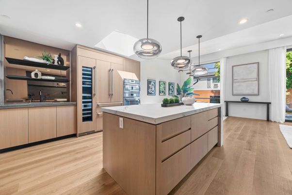 Interior, Kitchen, Pendant Lights, Recessed Lighting, Stainless Steel Appliances, Wood Texture Flooring