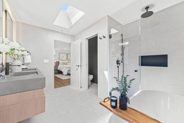 Bathroom, Glass Shower, Interior, Recessed Lighting, Wood Texture Flooring