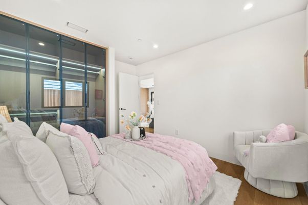 Bedroom, Interior, Recessed Lighting, Wood Texture Flooring