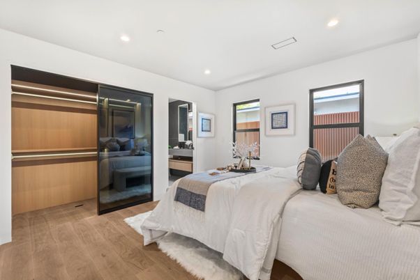 Bedroom, Interior, Recessed Lighting, Wood Texture Flooring