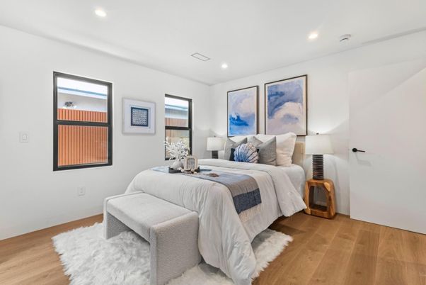 Bedroom, Interior, Recessed Lighting, Wood Texture Flooring