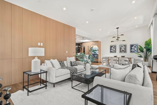Dining room, Interior, Living room, Pendant Lights, Recessed Lighting, Wood Texture Flooring, Wooden Walls