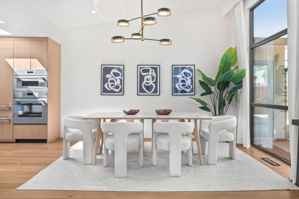 Dining room, Interior, Pendant Lights, Recessed Lighting, Wood Texture Flooring