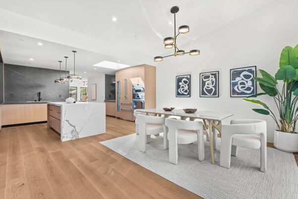 Dining room, Interior, Kitchen, Pendant Lights, Recessed Lighting, Stainless Steel Appliances, Wood Texture Flooring