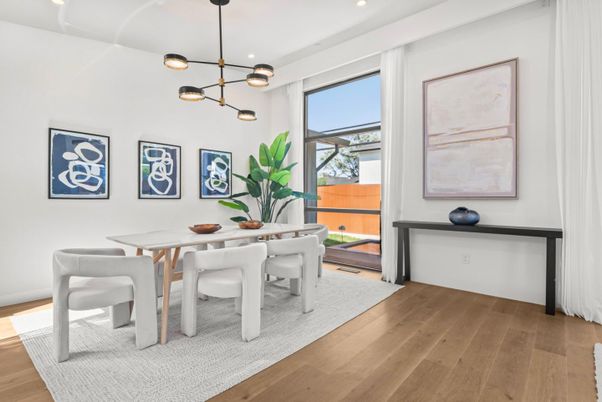 Dining room, Interior, Pendant Lights, Recessed Lighting, Wood Texture Flooring