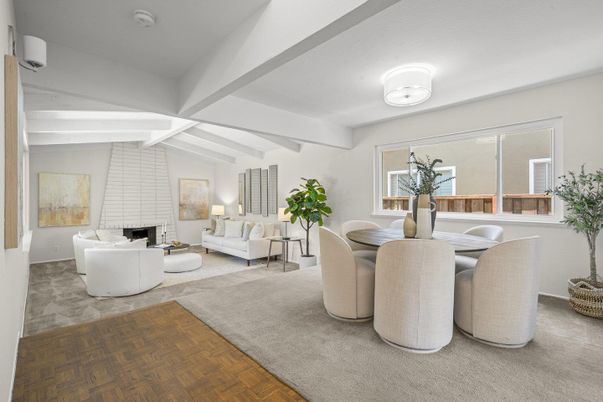 Dining room, Fireplace, Interior, Living room, Wood Texture Flooring