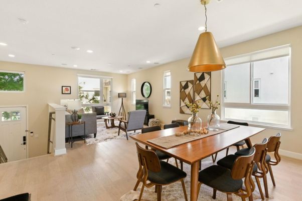 Dining room, Interior, Living room, Pendant Lights, Recessed Lighting, Wood Texture Flooring