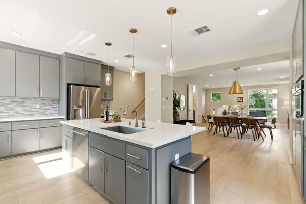 Dining room, Interior, Kitchen, Pendant Lights, Recessed Lighting, Stainless Steel Appliances, Wood Texture Flooring