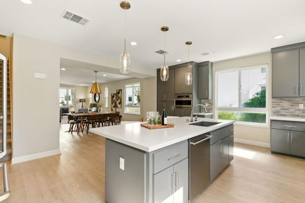 Dining room, Interior, Kitchen, Pendant Lights, Recessed Lighting, Stainless Steel Appliances, Wood Texture Flooring
