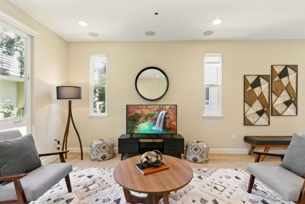 Interior, Living room, Recessed Lighting, Wood Texture Flooring