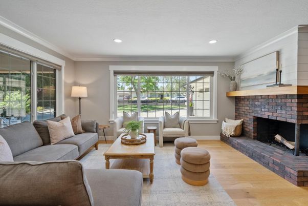 Fireplace, Interior, Living room, Recessed Lighting, Wood Texture Flooring
