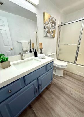 Bathroom, Glass Shower, Interior, Wood Texture Flooring