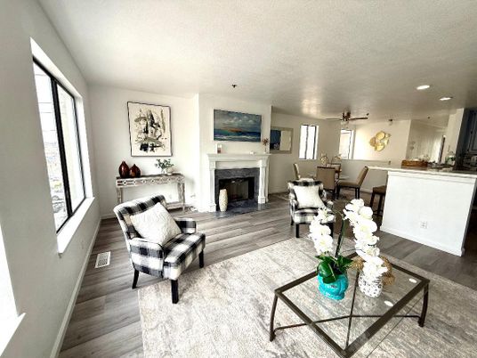 Dining room, Fireplace, Interior, Living room, Recessed Lighting, Wood Texture Flooring