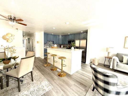 Dining room, Interior, Kitchen, Recessed Lighting, Stainless Steel Appliances, Wood Texture Flooring