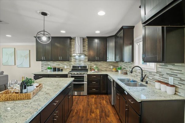 Interior, Kitchen, Pendant Lights, Recessed Lighting, Stainless Steel Appliances, Wood Texture Flooring