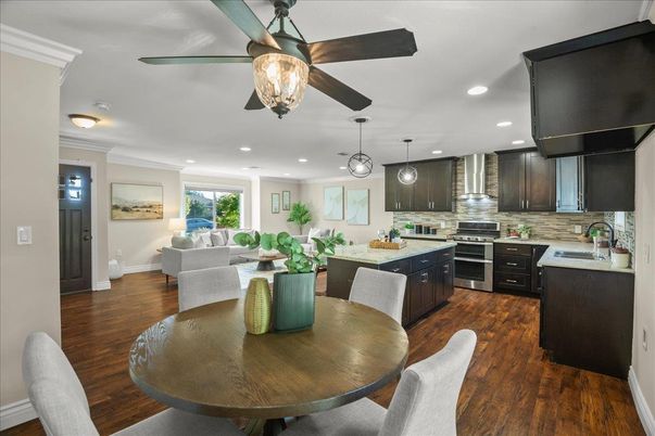 Dining room, Interior, Kitchen, Living room, Pendant Lights, Recessed Lighting, Stainless Steel Appliances, Wood Texture Flooring