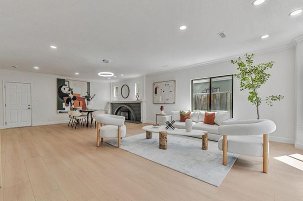 Dining room, Fireplace, Interior, Living room, Pendant Lights, Recessed Lighting, Wood Texture Flooring
