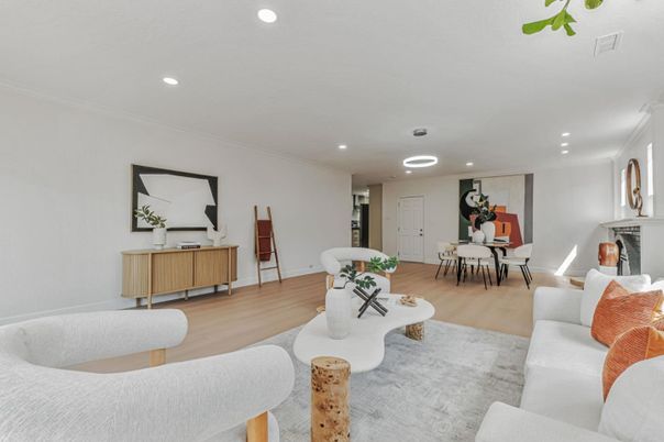 Dining room, Interior, Living room, Recessed Lighting, Wood Texture Flooring