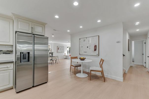 Dining room, Interior, Kitchen, Recessed Lighting, Stainless Steel Appliances, Wood Texture Flooring