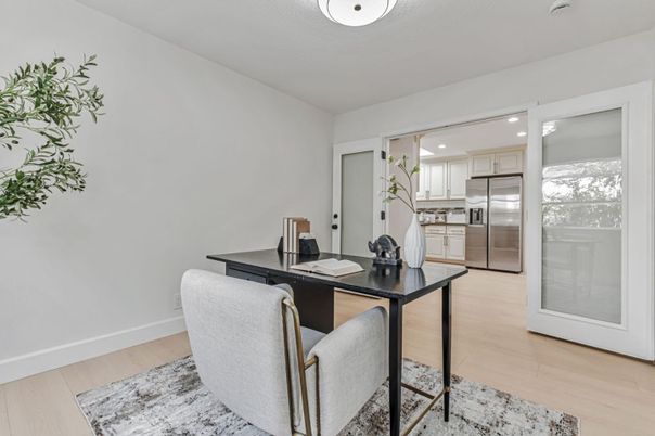 Home Office, Interior, Kitchen, Recessed Lighting, Stainless Steel Appliances, Wood Texture Flooring