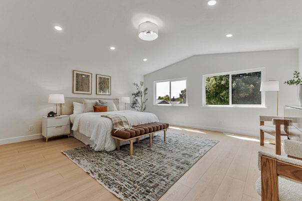 Bedroom, Interior, Recessed Lighting, Wood Texture Flooring