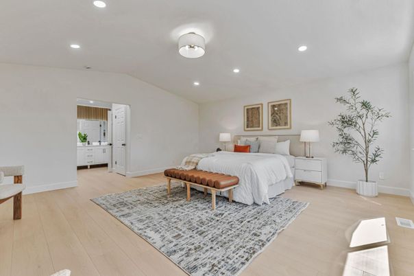 Bedroom, Interior, Recessed Lighting, Wood Texture Flooring
