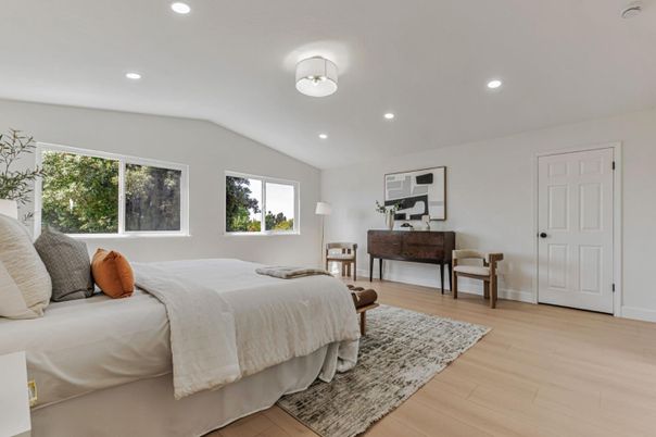 Bedroom, Interior, Recessed Lighting, Wood Texture Flooring