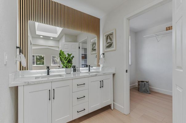Bathroom, Dual Sink Vanities, Interior, Recessed Lighting, Wood Texture Flooring