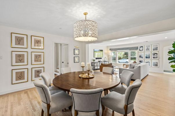 Dining room, Interior, Living room, Recessed Lighting, Wood Texture Flooring